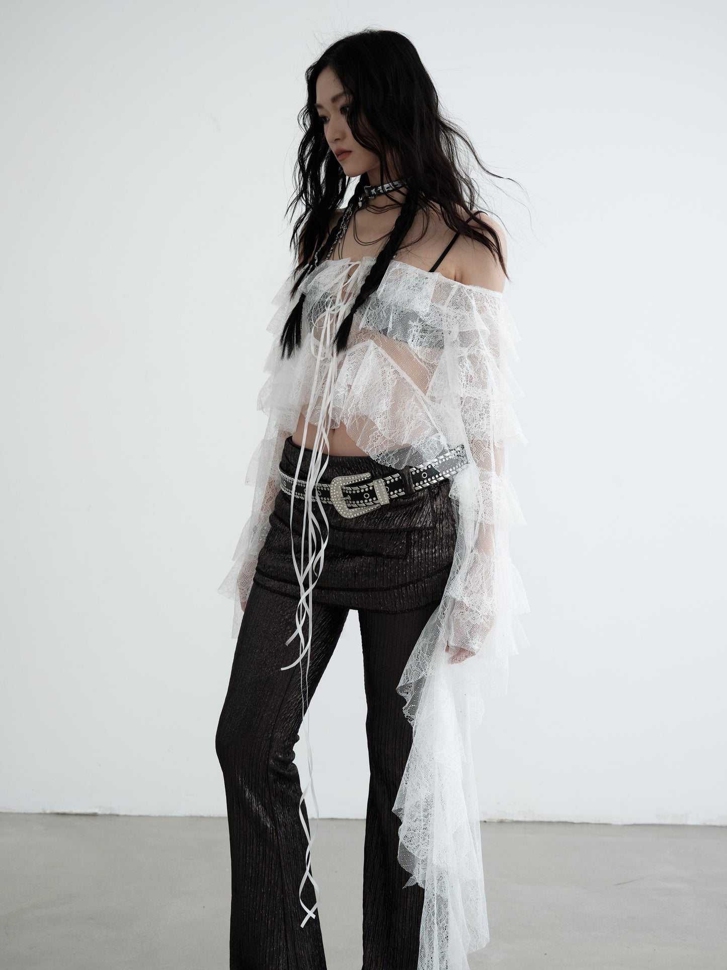 Asymmetrical Ruffle Lace Shirt