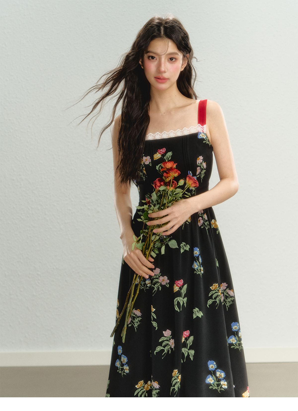 Floral Pattern Waist Suspender Skirt