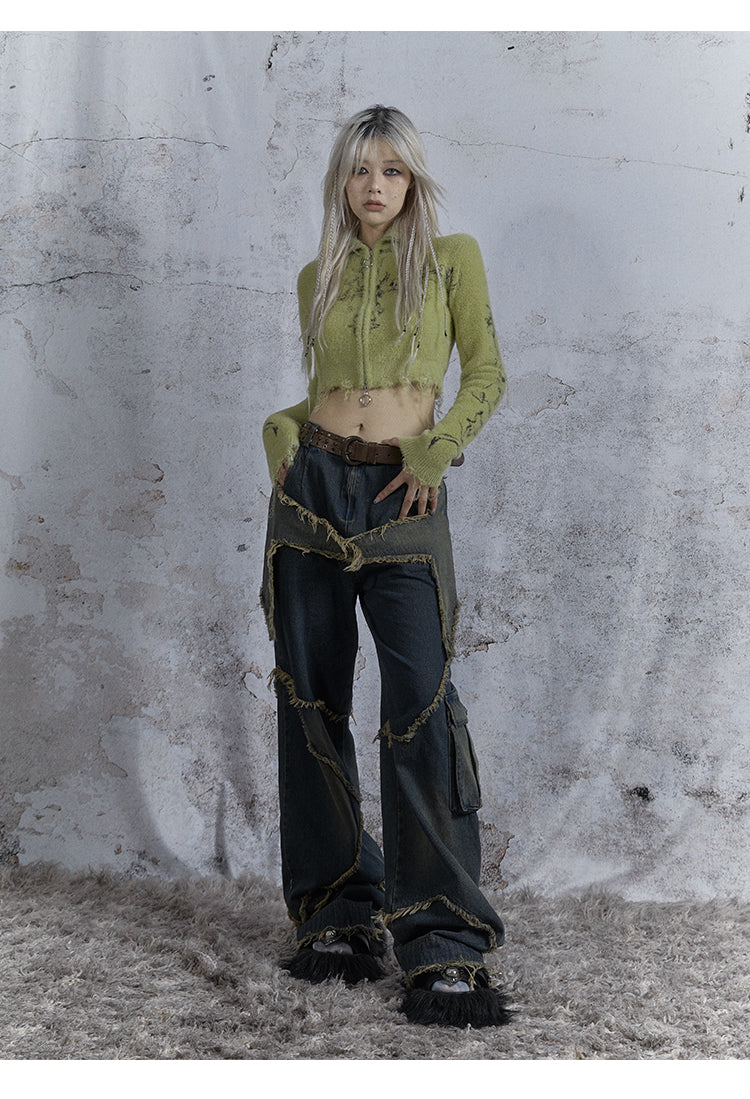 Washed Star Damaged Design Denim Pants