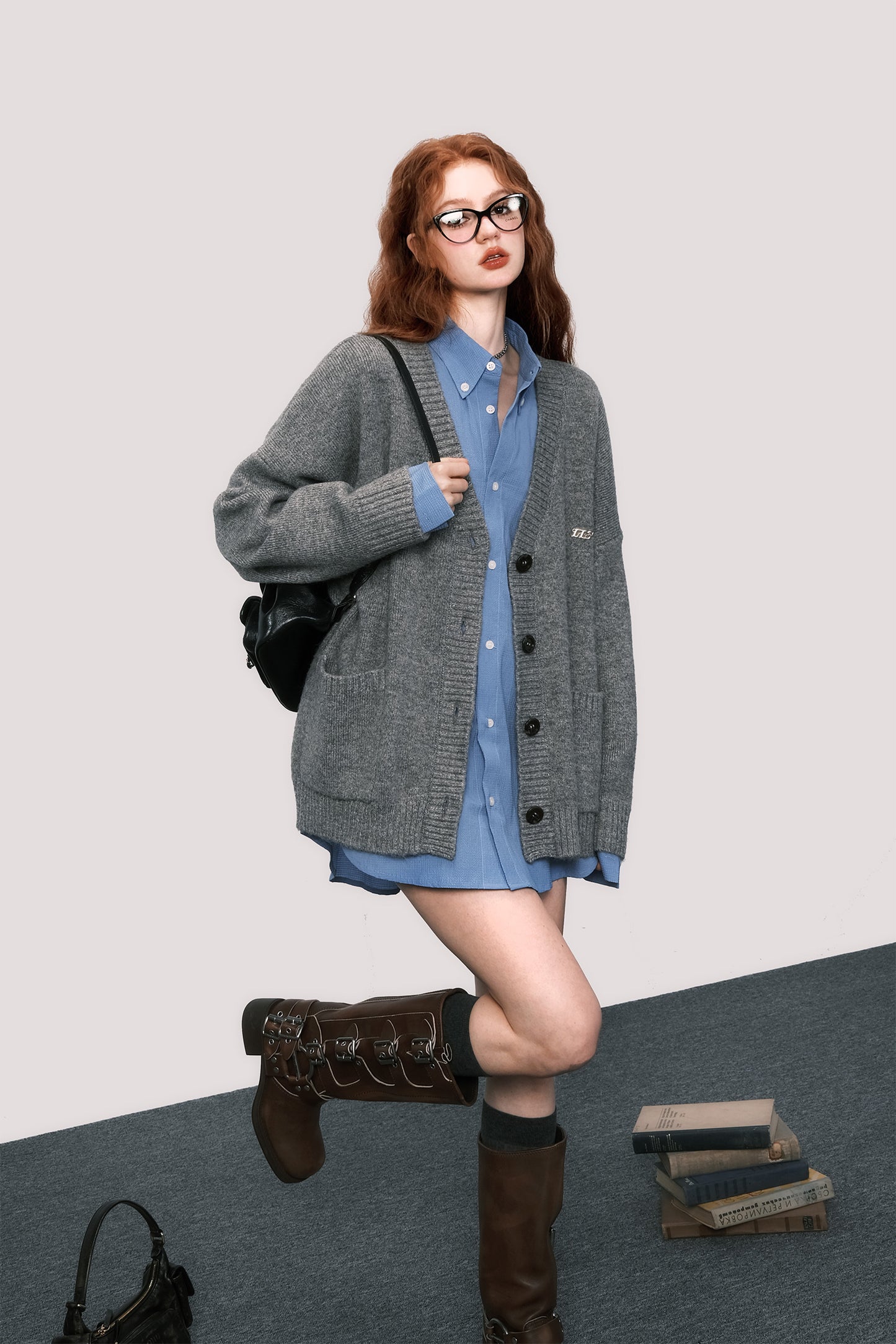 High-end gray wool knit cardigan