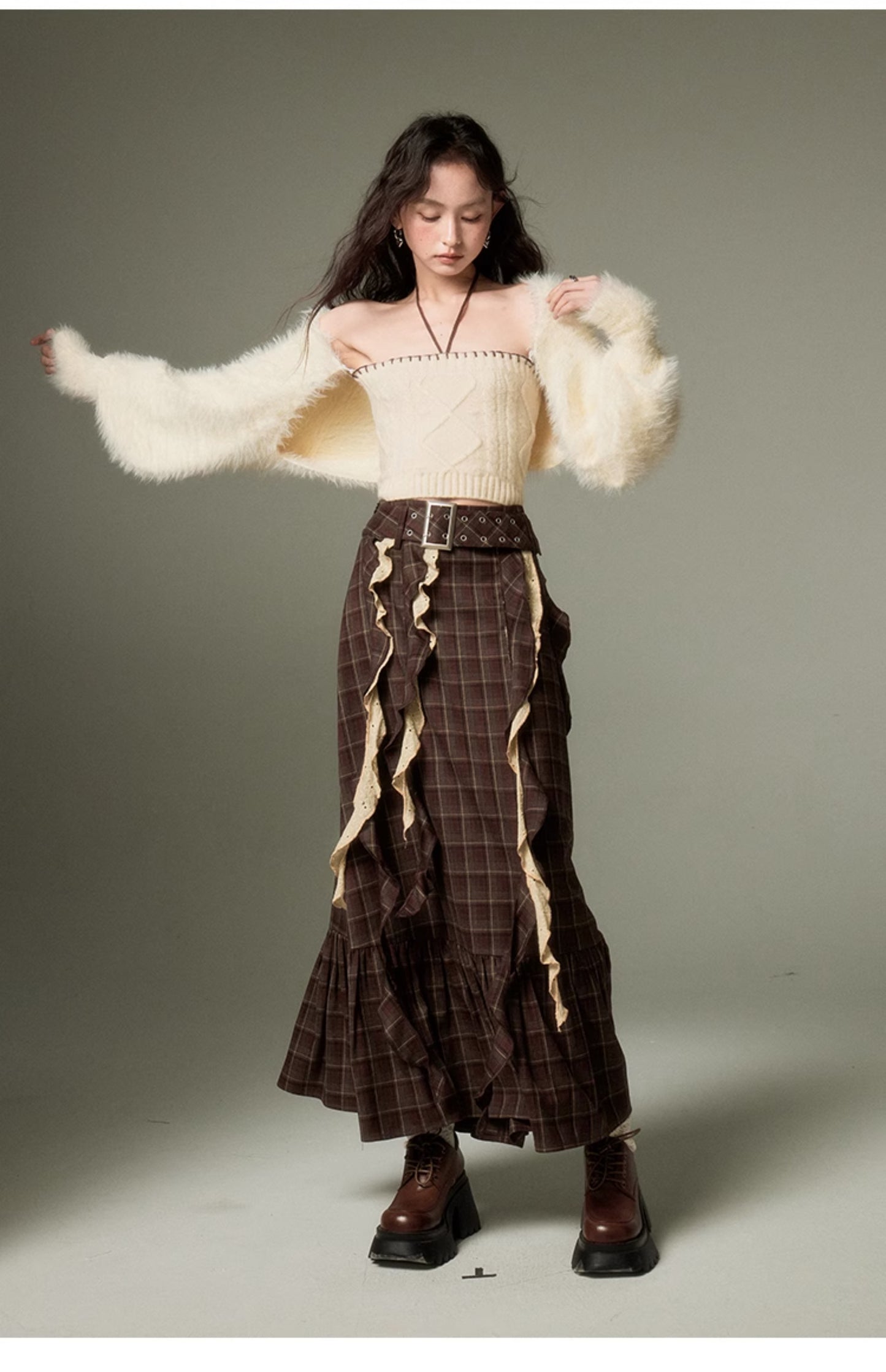 Irregular Design Plaid Long Length Skirt