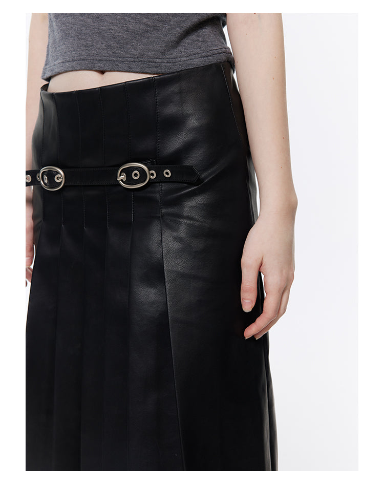 Retro Pleated A-line Leather Skirt