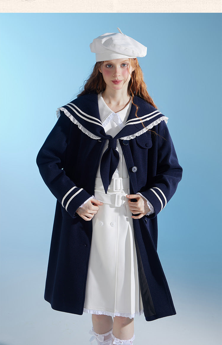 Original design college style navy mid-length wool coat