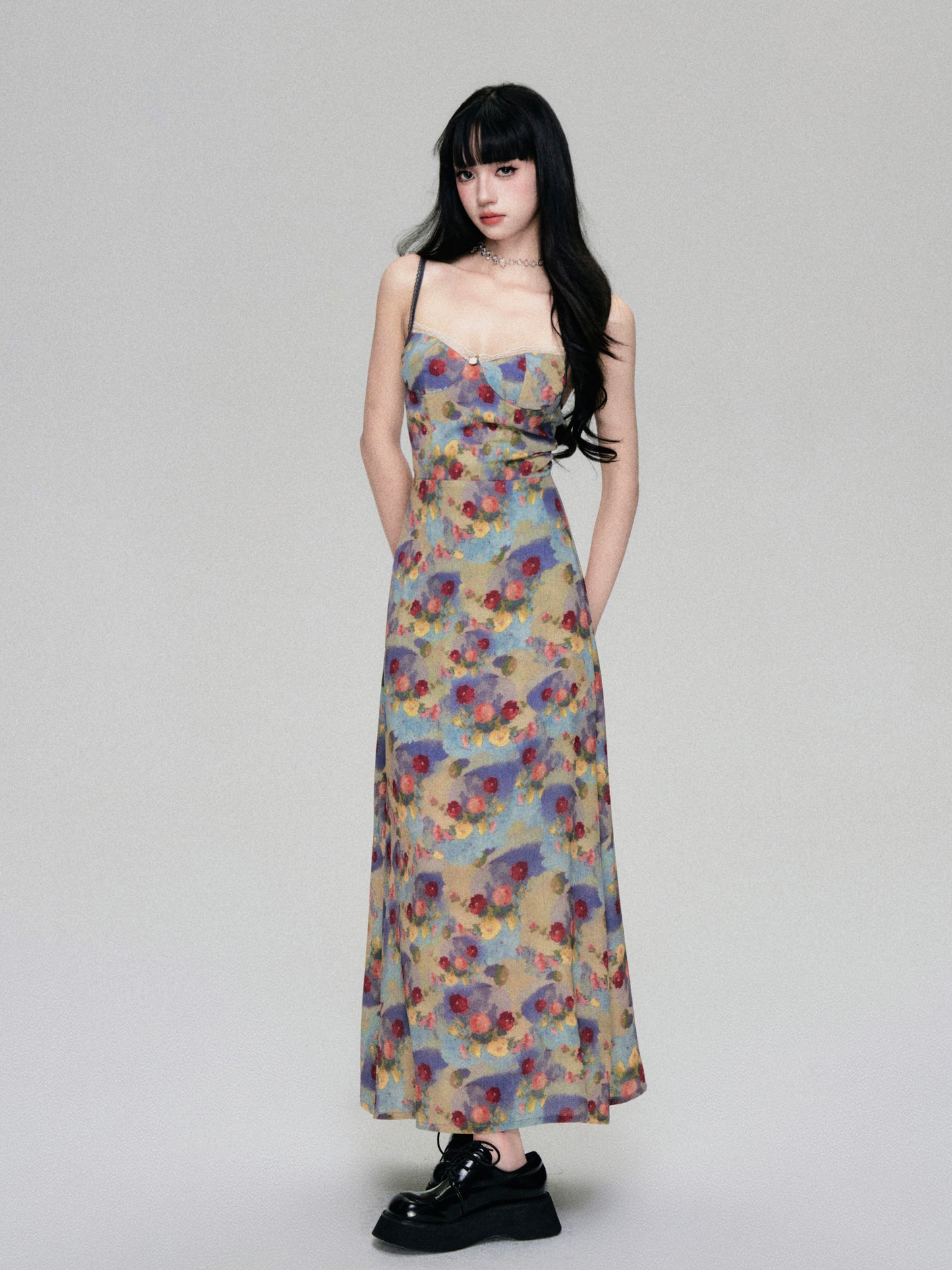 French Retro Stain Floral Suspender Dress