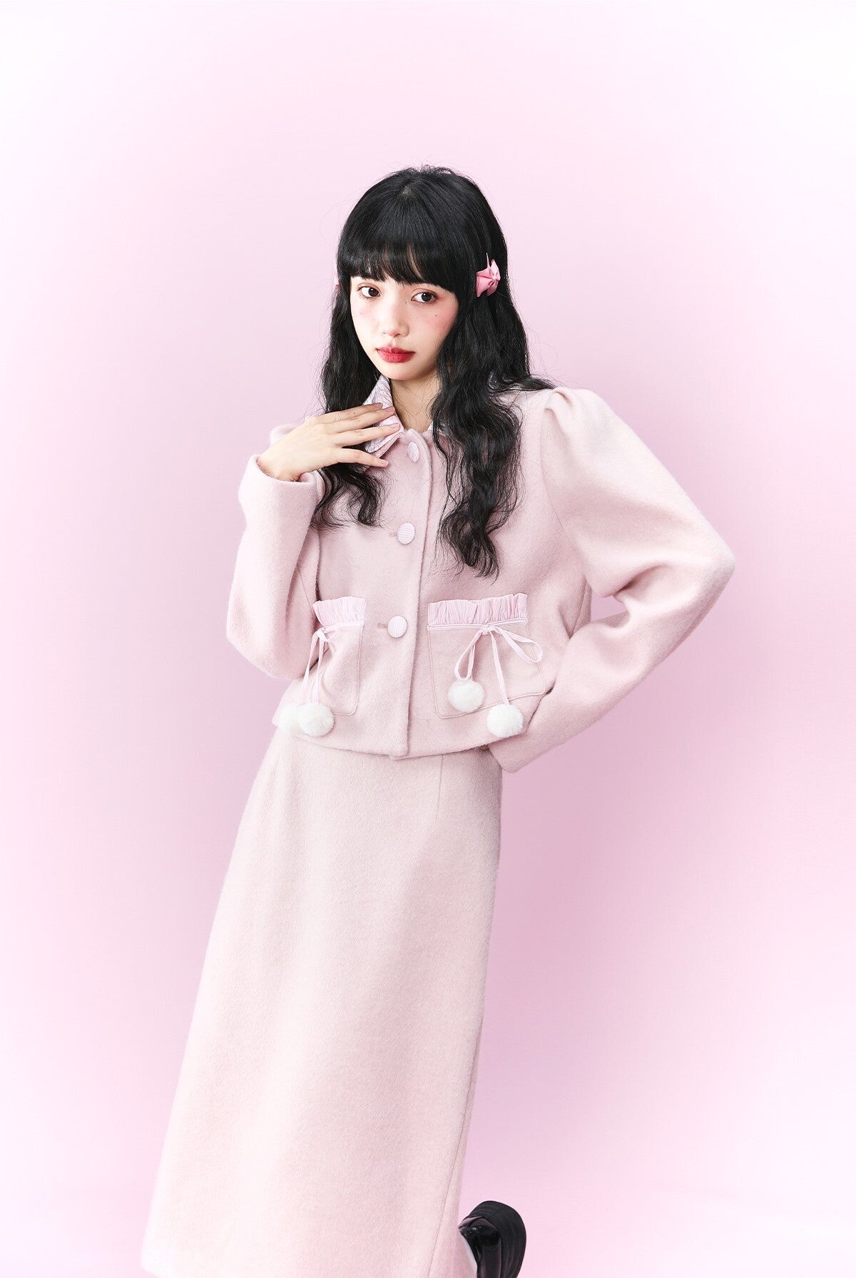 Original design pink wool coat &Loose skirt & Slim skirt suit