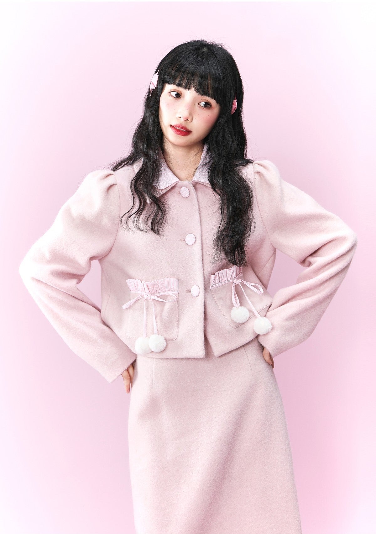 Original design pink wool coat &Loose skirt & Slim skirt suit