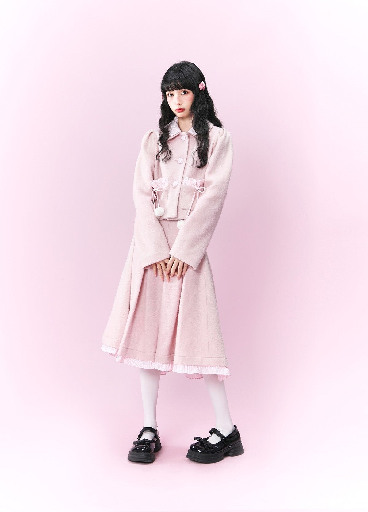 Original design pink wool coat &Loose skirt & Slim skirt suit