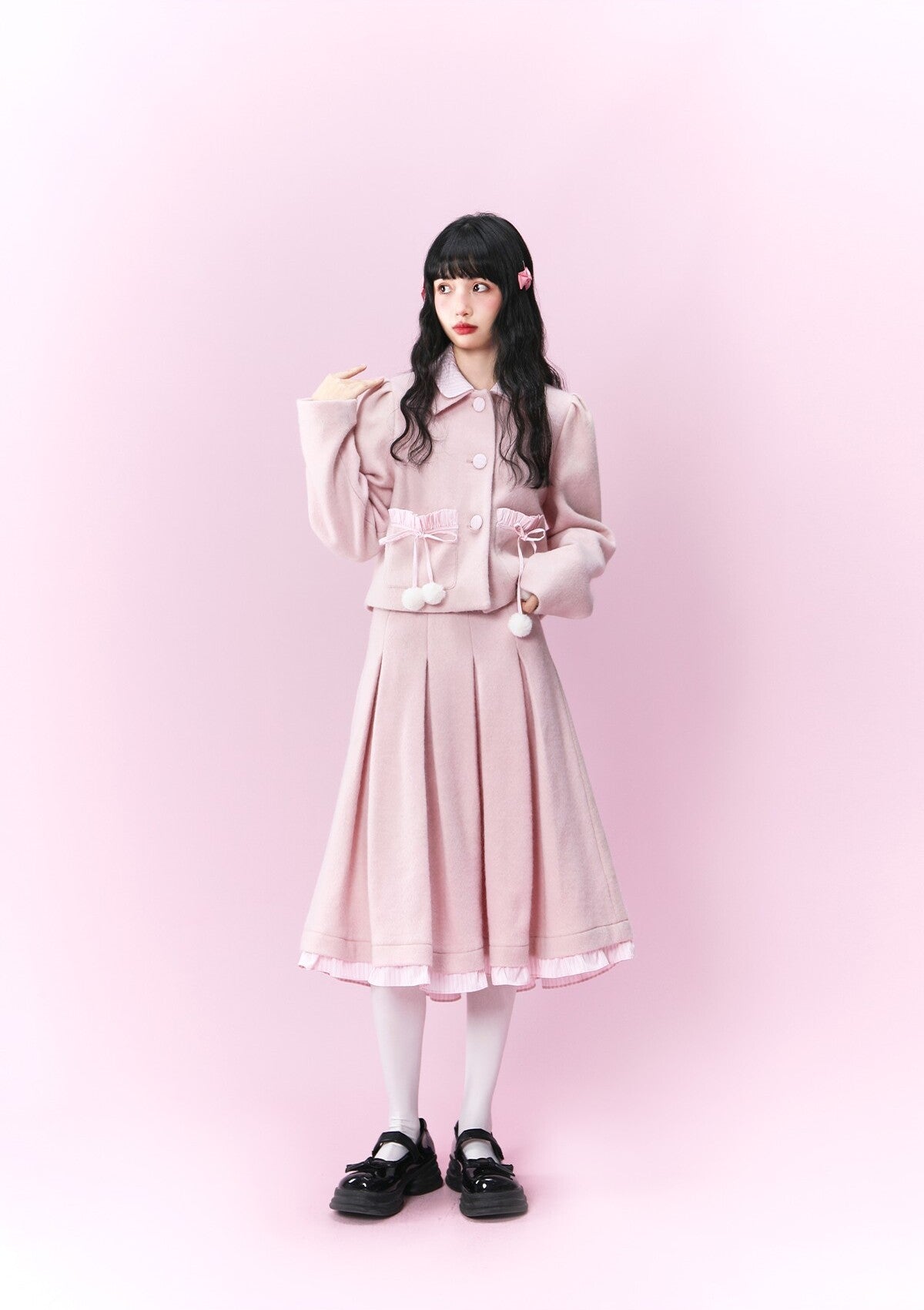 Original design pink wool coat &Loose skirt & Slim skirt suit