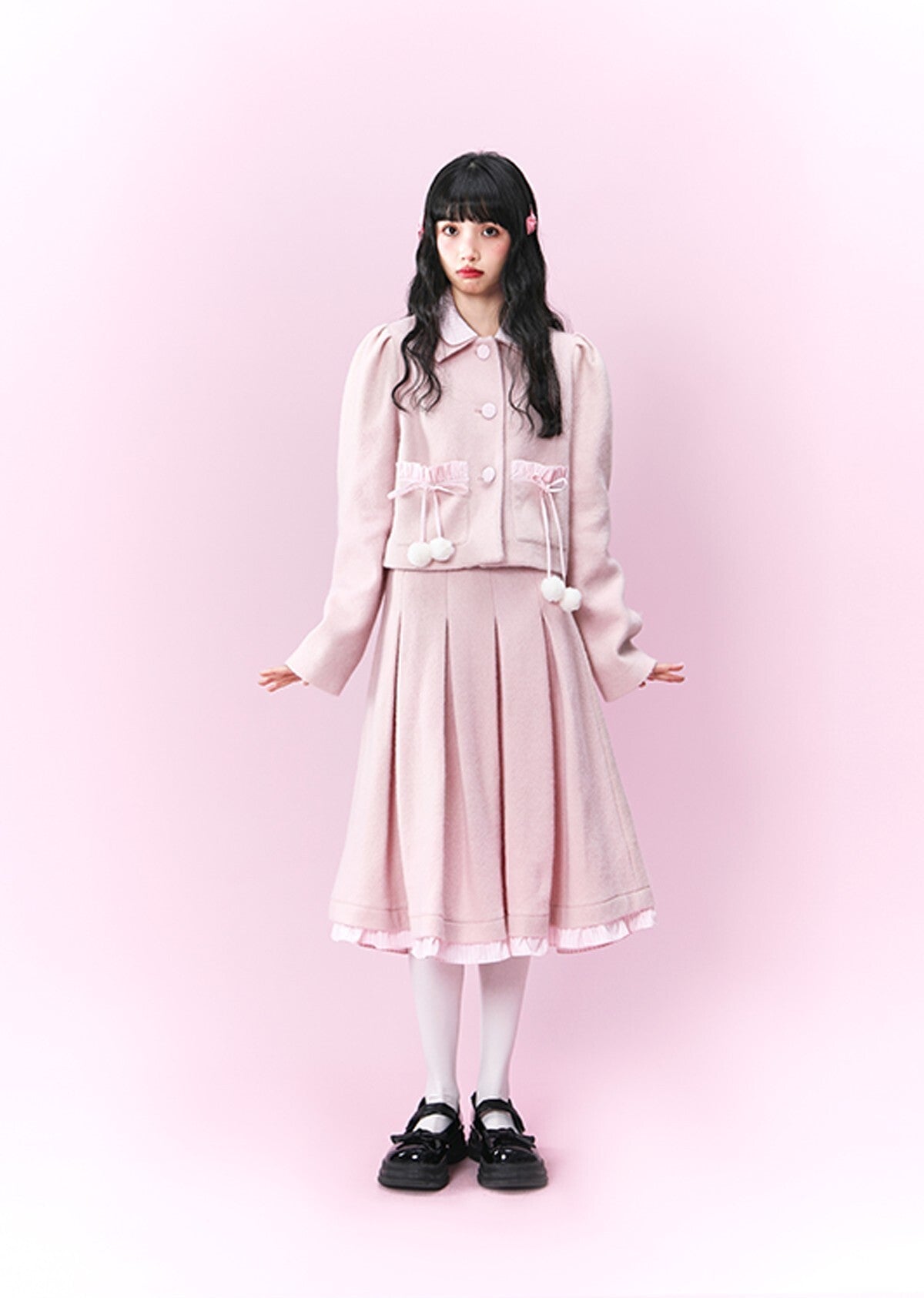 Original design pink wool coat &Loose skirt & Slim skirt suit