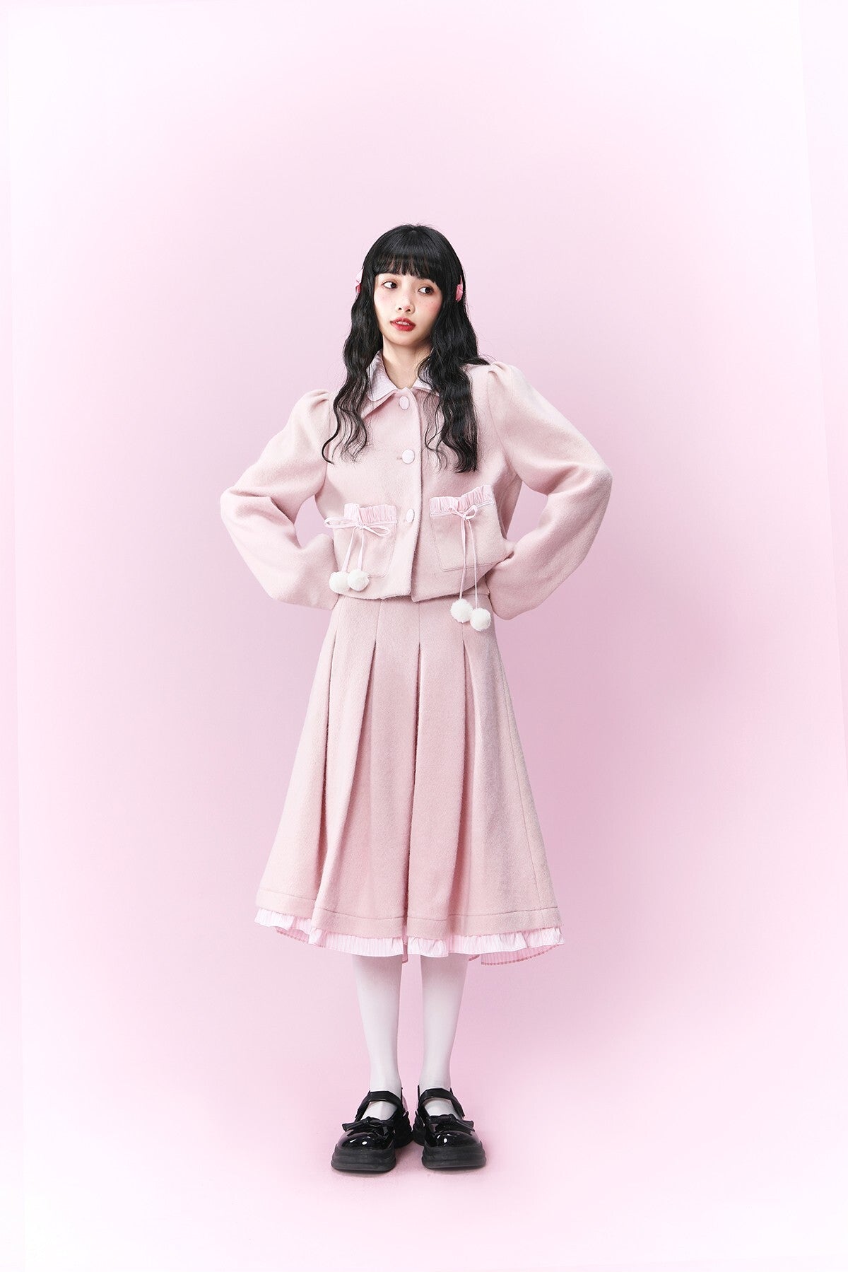 Original design pink wool coat &Loose skirt & Slim skirt suit