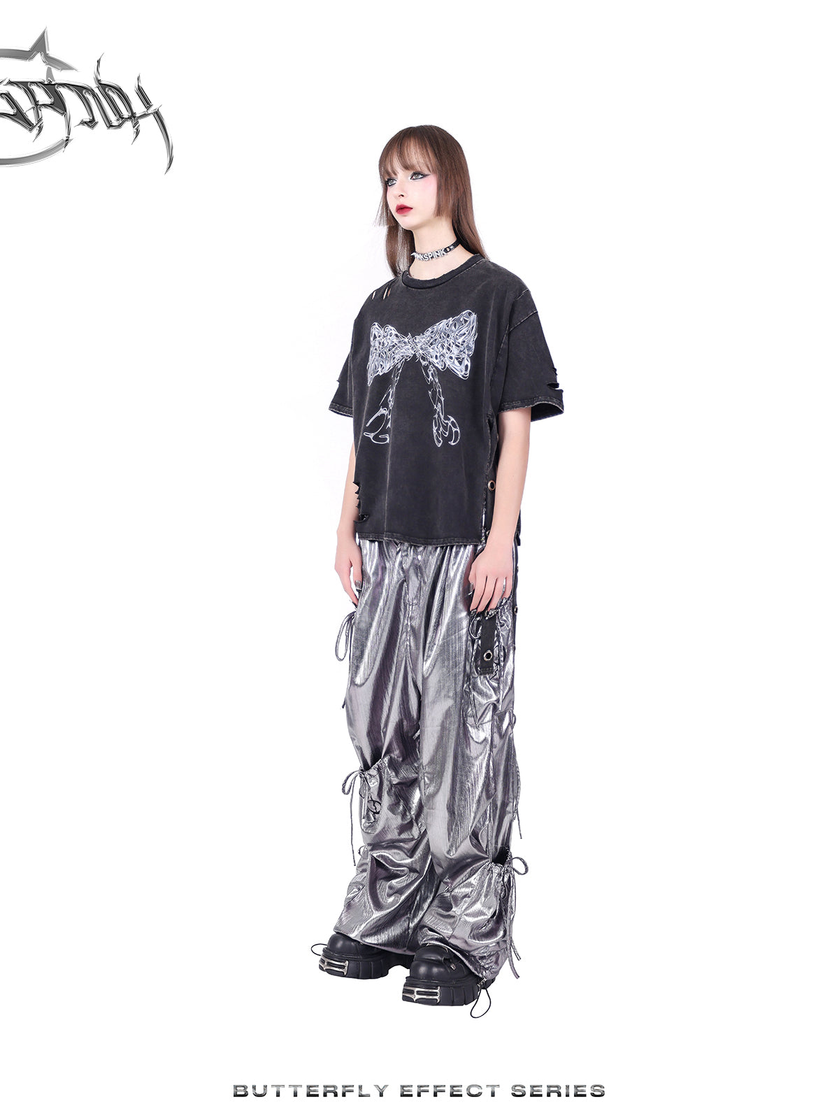 Wide-leg multi-pocket shiny cargo pants