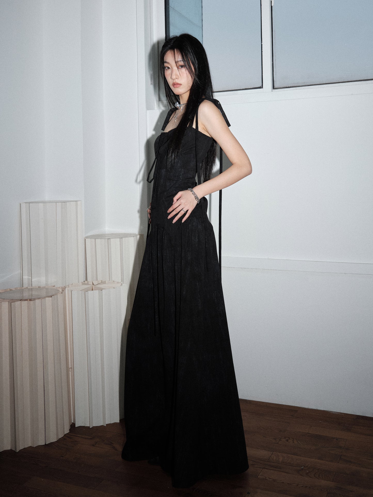 Hollow Lace-Up Extra Long Dress