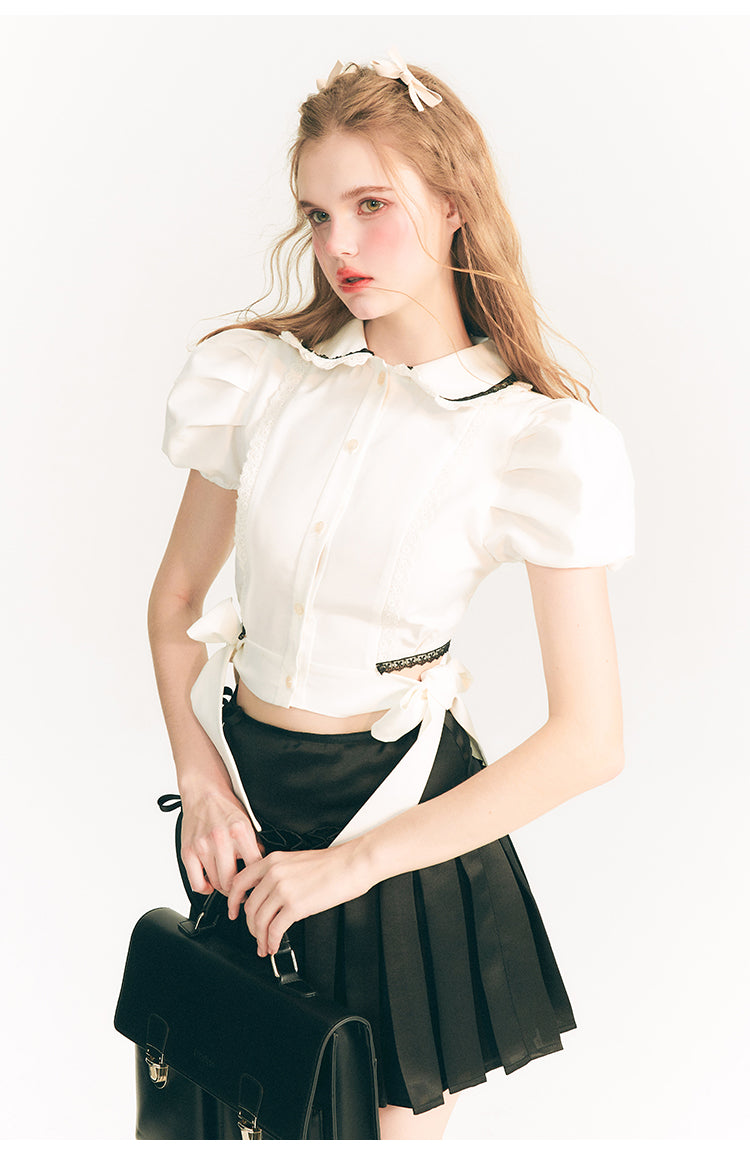 Side Ribbon Puff Sleeve Short Shirt