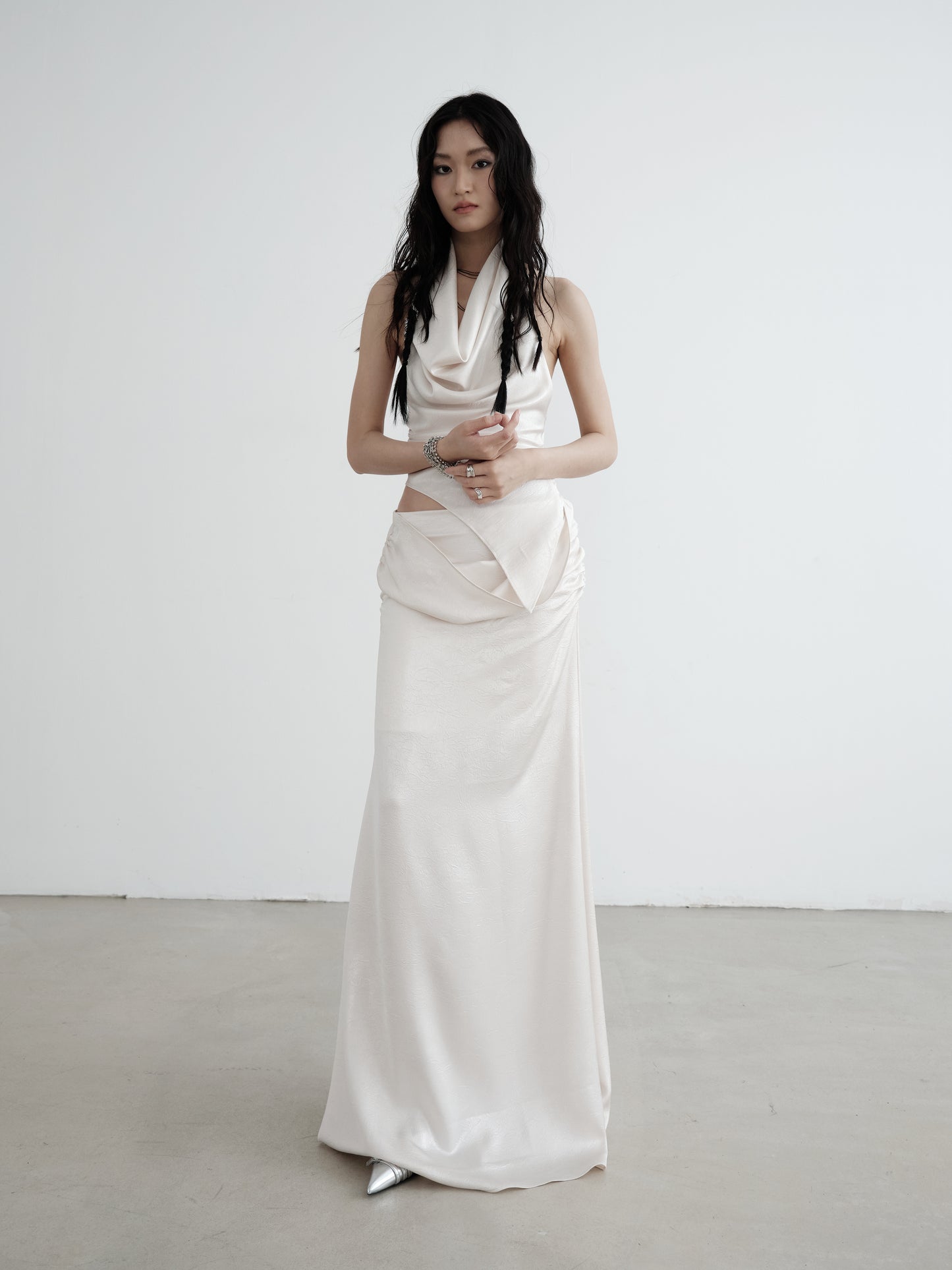 Pearl White Draped Vest and Long Skirt Set