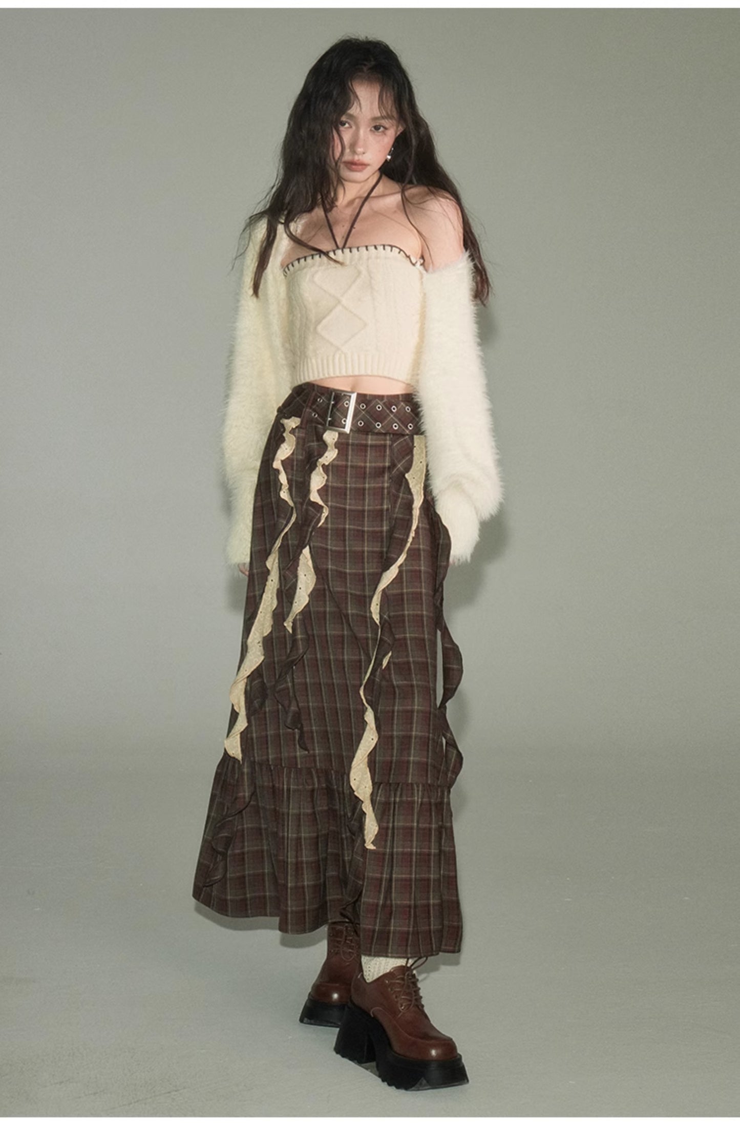 Irregular Design Plaid Long Length Skirt