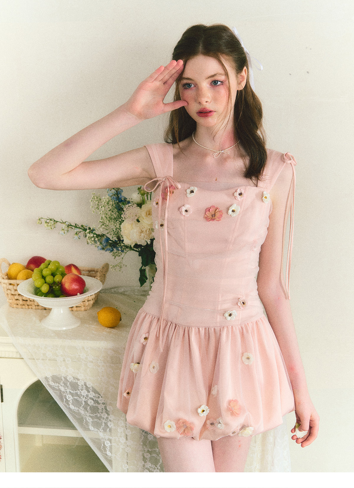 Handmade flower bud suspender dress