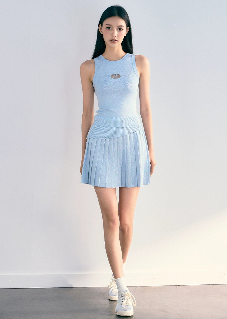 Slim Fit Sleeveless Knit Top &amp; Short Pleated Knit Skirt