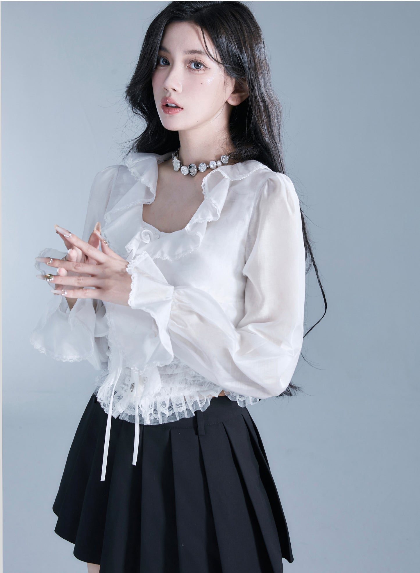 Long Sleeve Frilled Lace Blouce