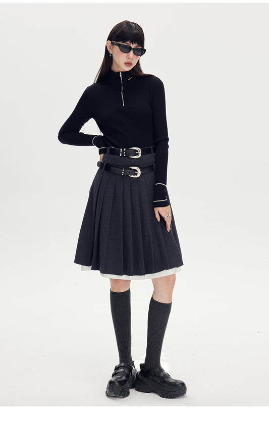 College-style high waist pleated A-line skirt