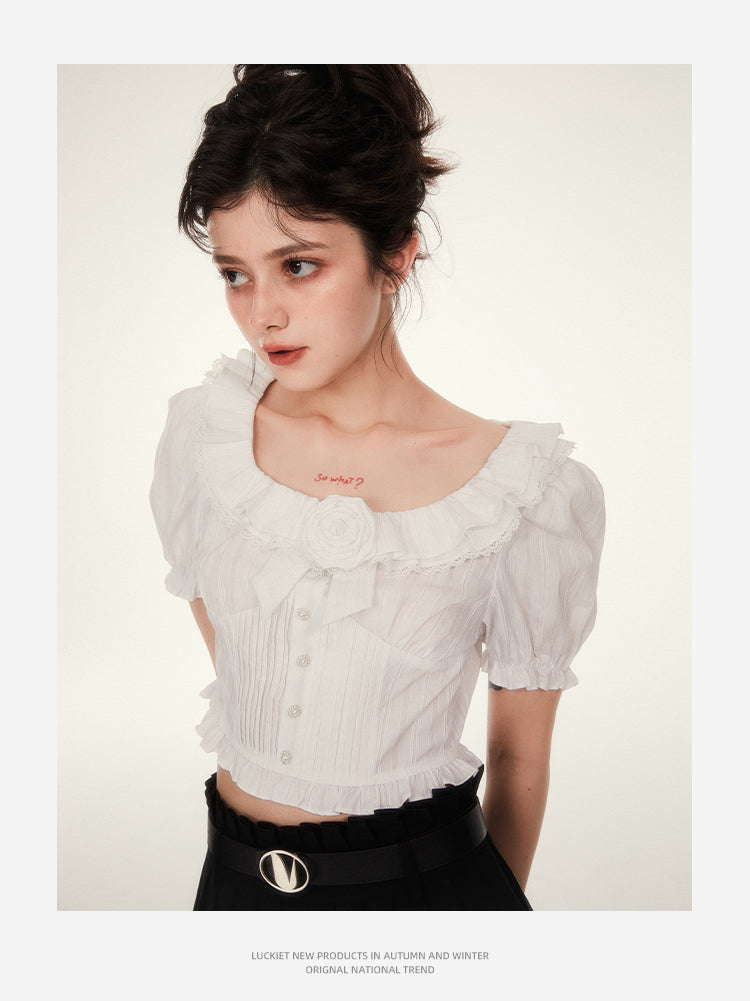 Camellia Love french lace square collar shirt