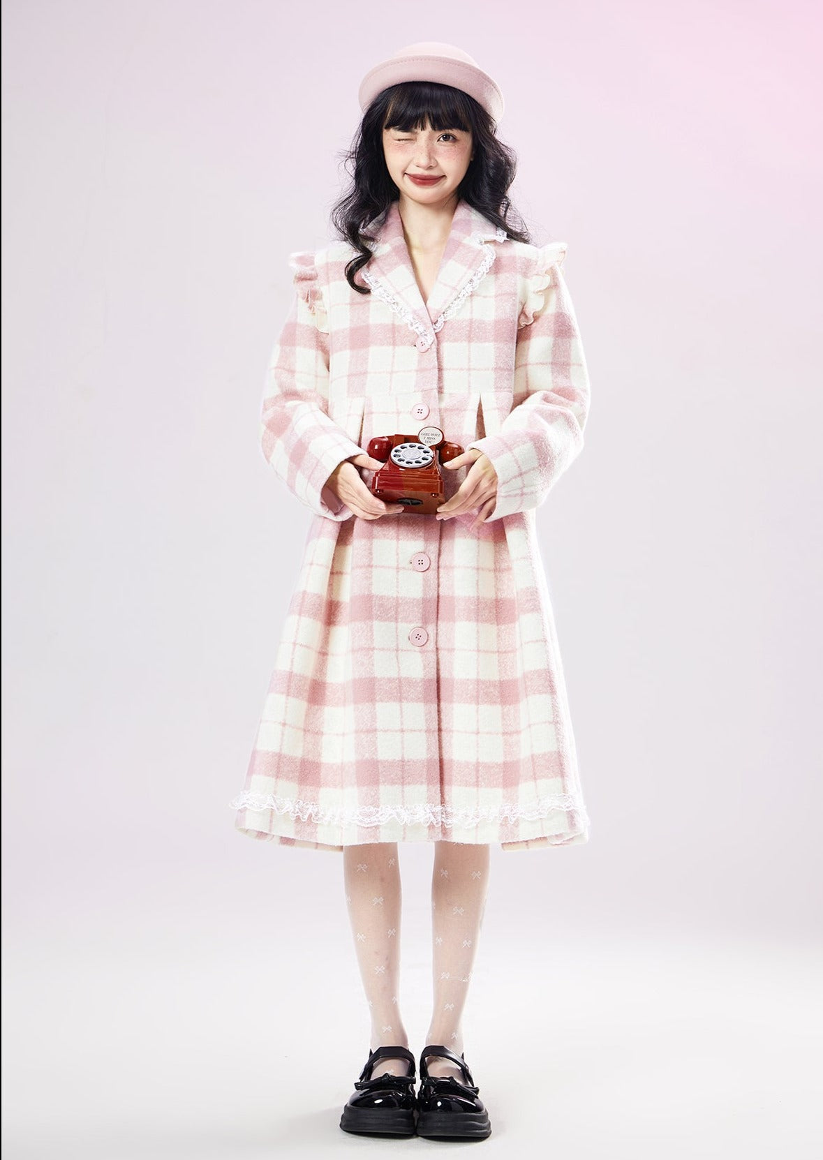 Original Design pink checked wool coat ladies