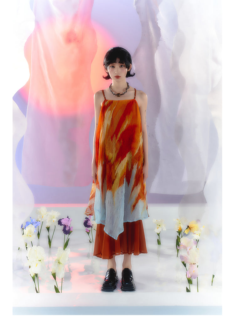 Tie-dye pattern square neck suspender dress