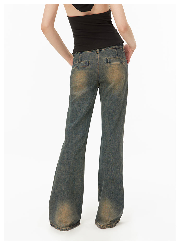 Slim fit washed retro leather flare pants