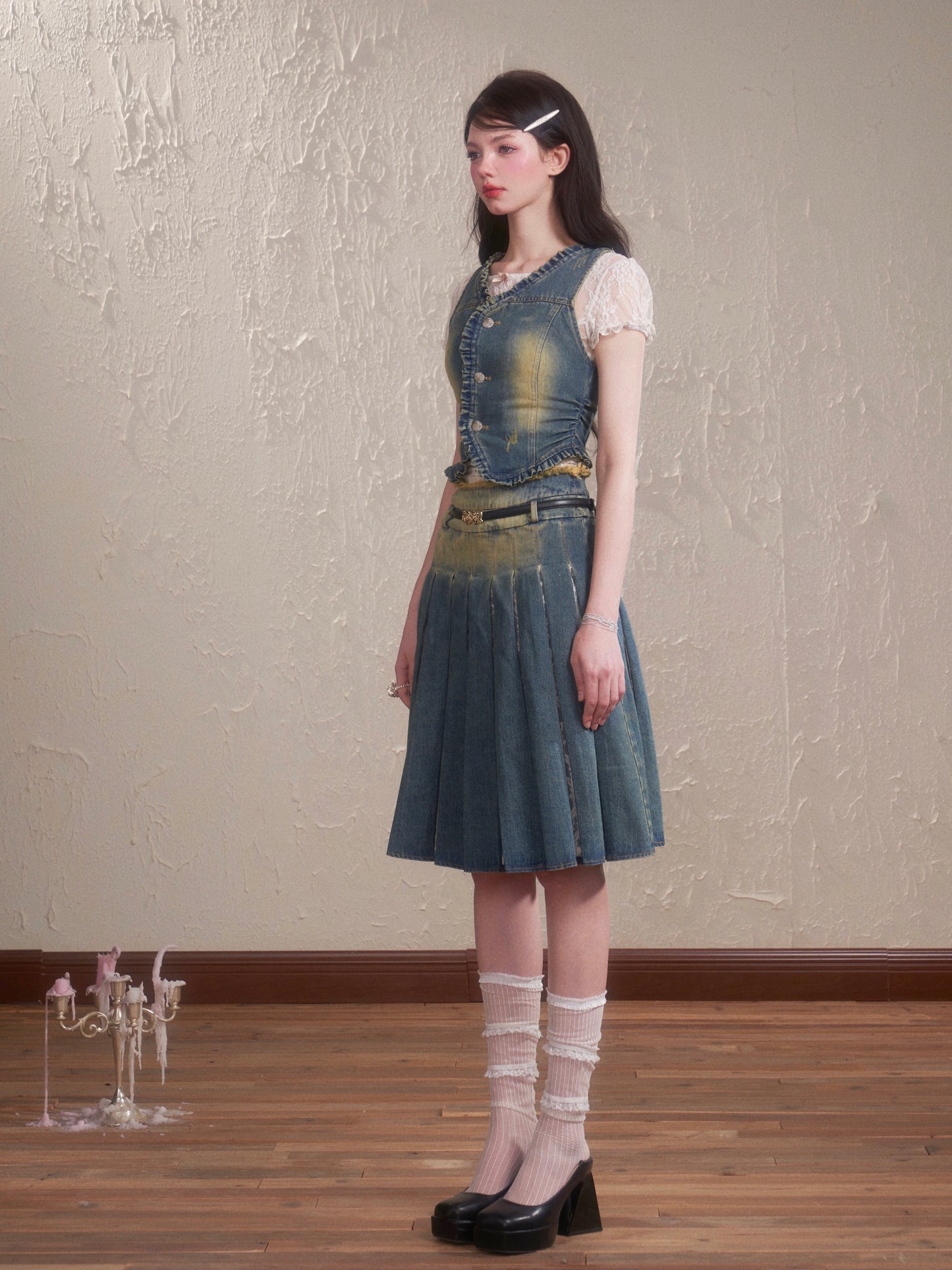 Lace Denim Vest and Pleated Skirt Setup