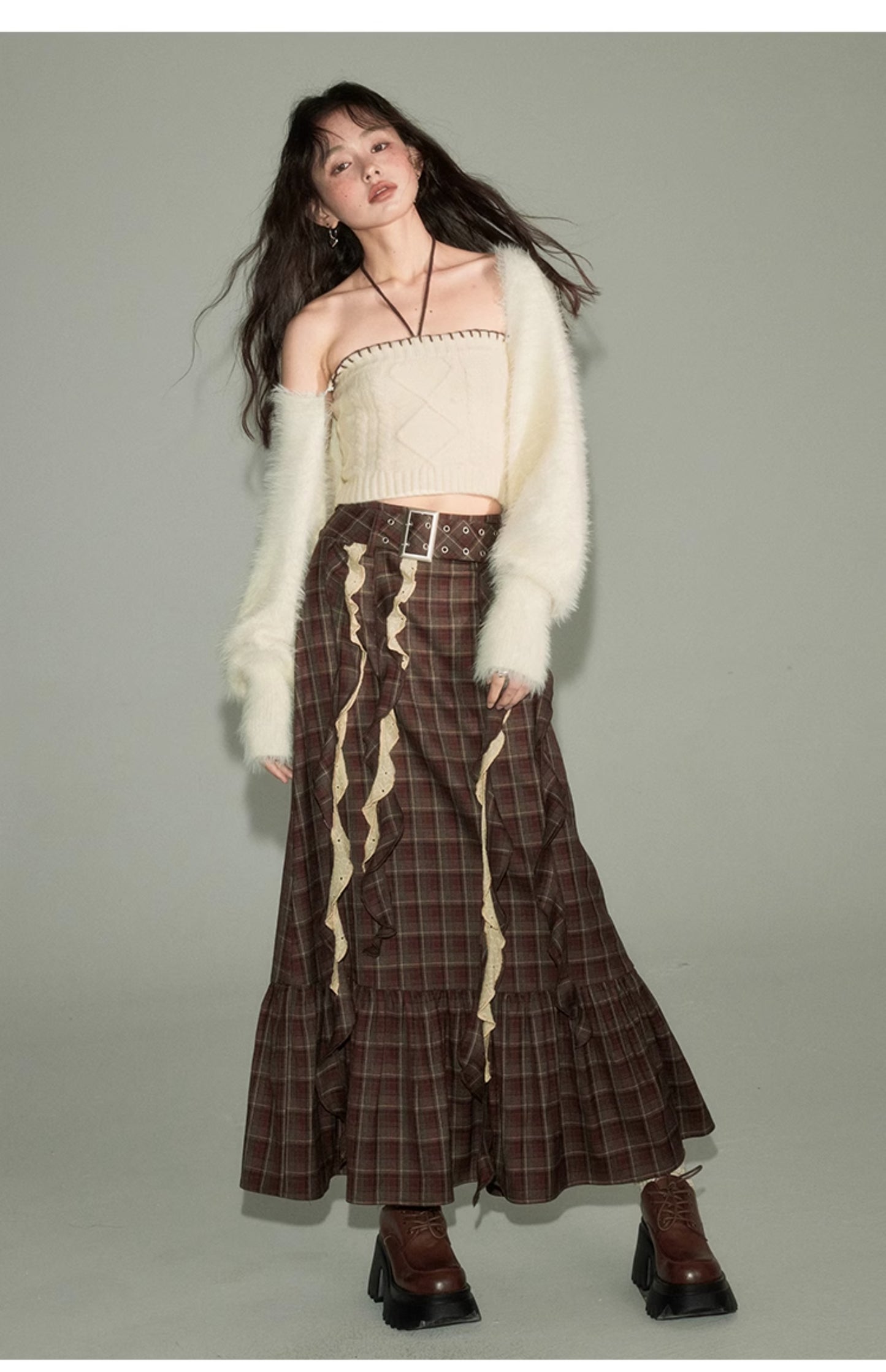 Irregular Design Plaid Long Length Skirt