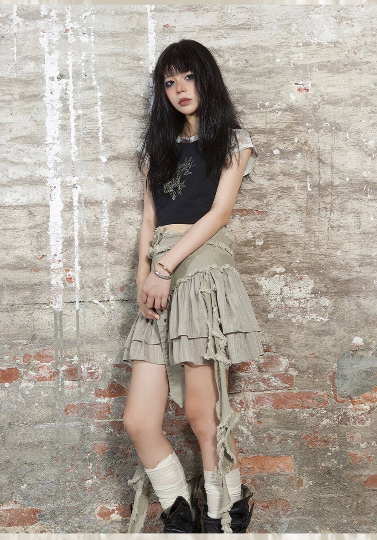 High Waist Irregular Design Damaged Short Length Skirt