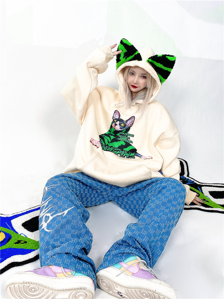 Loose fit cat ear print t-shirt