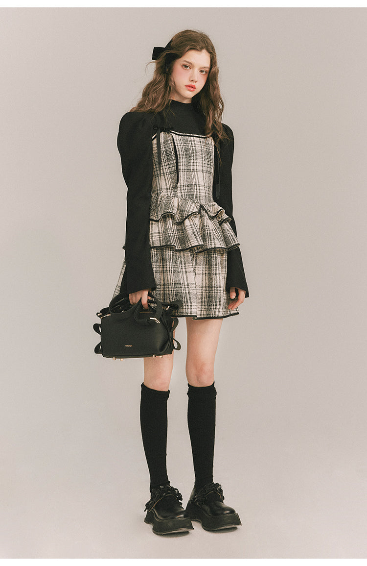 Checkered Shoulder Bow Fake Two-piece Dress