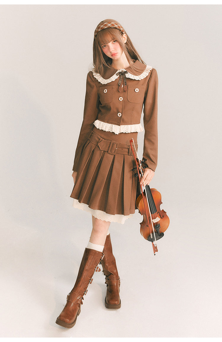 Short Length Frill Neck Jacket & Pleated Skirt Set-Up