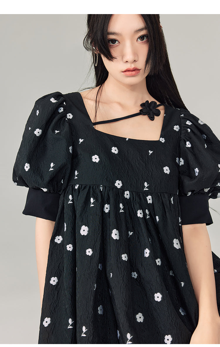 Square Neck Puff Sleeve Floral Pattern One-piece