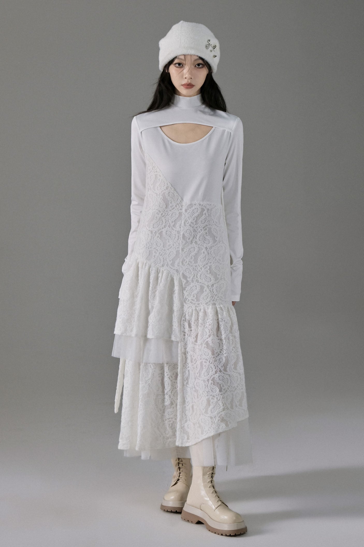 Gentle Style Asymmetric Stitch Hollow Jacquard Long Sleeve Dress