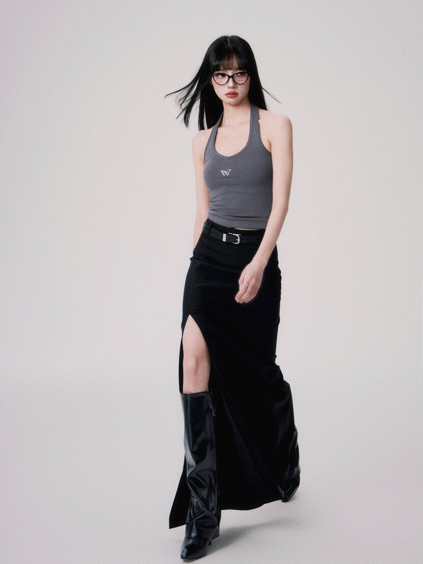 Slim straight mid-waist slit long skirt