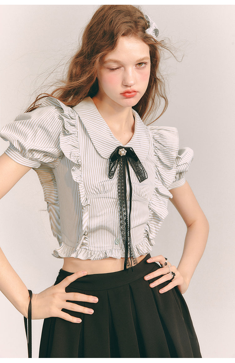 Lace front ribbon slim short length shirt