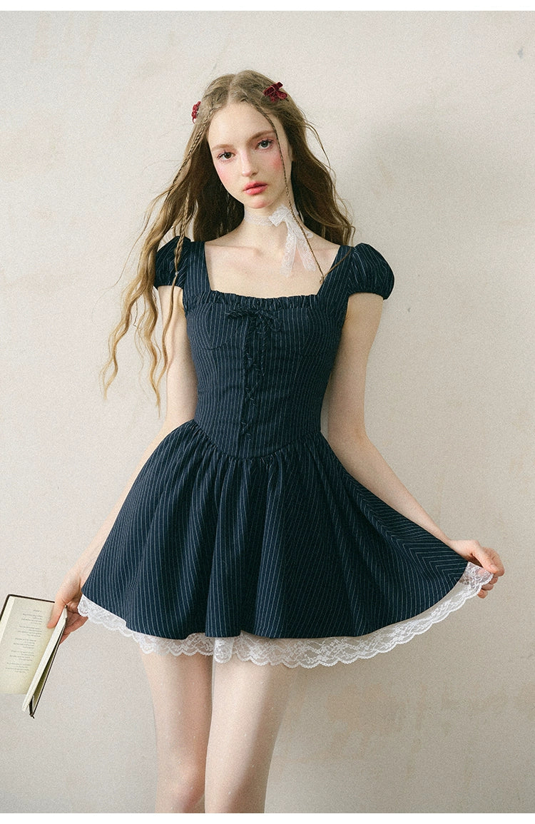 Ribbon Lace Stripe Puff Sleeve Dress