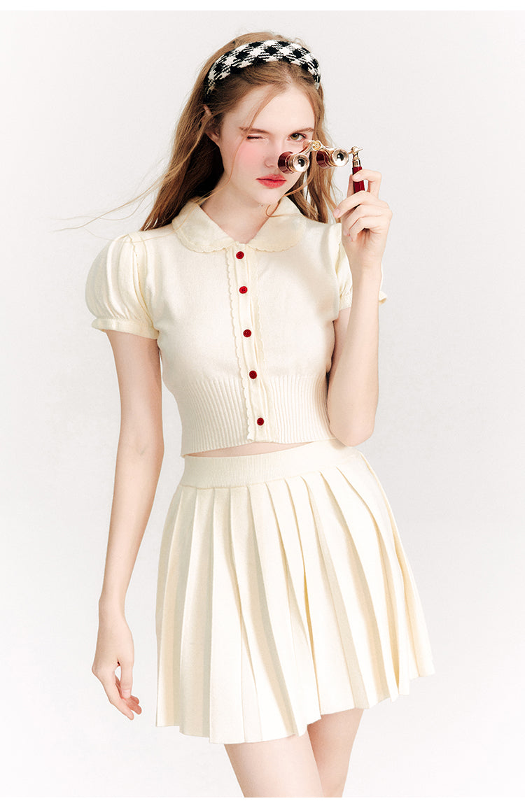 Puff Sleeve Short Length Knit & Pleated Short Length Skirt Setup