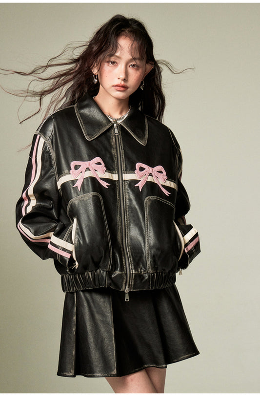 Retro Black Ribbon Leather Jacket