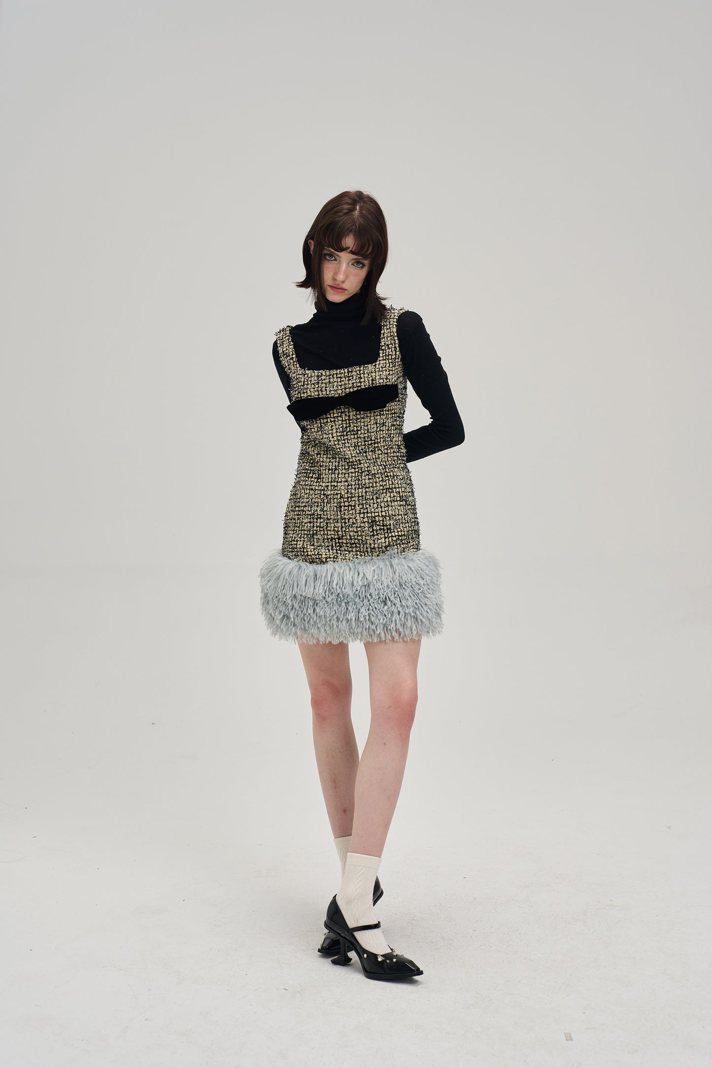 Square Neck Short Length Ribbon Tweed Fur Dress