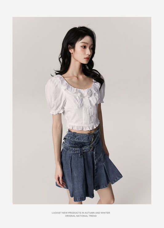 Camellia Love french lace square collar shirt