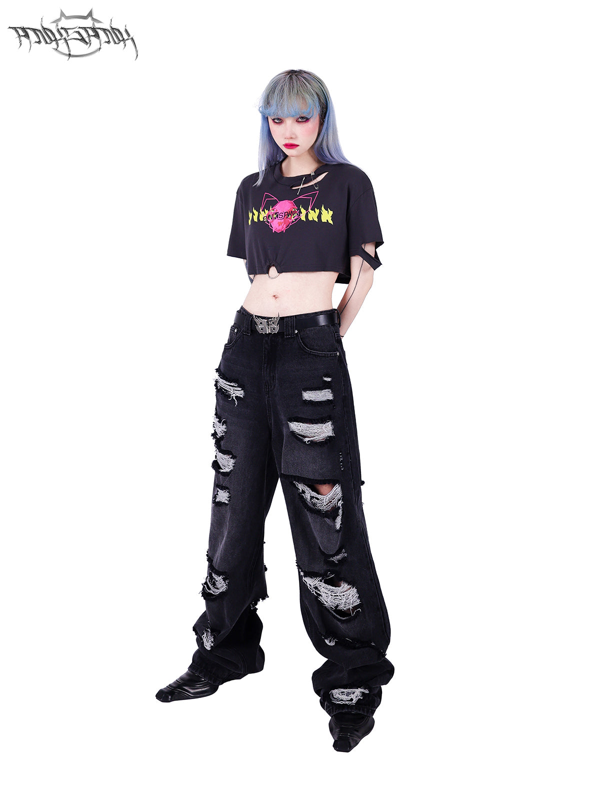 Wide Leg Irregular Damaged Denim Pants