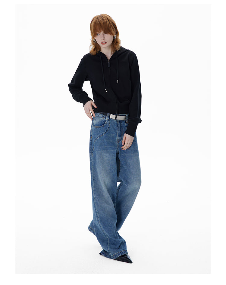 Back pocket embroidery retro washed denim pants