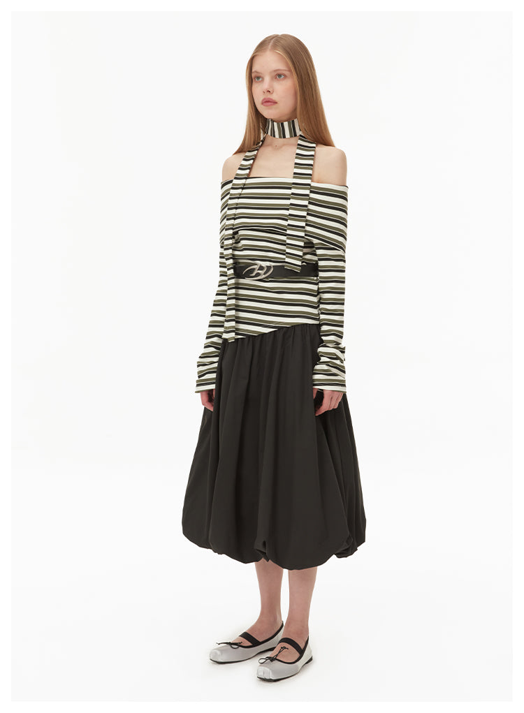 Off-shoulder neck strap striped knit