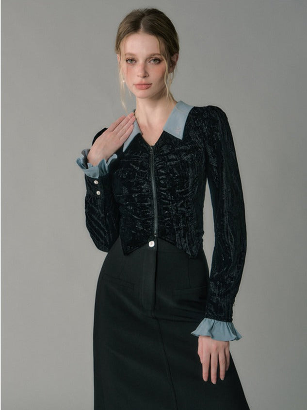 Retro design contrast velvet pleated shirt