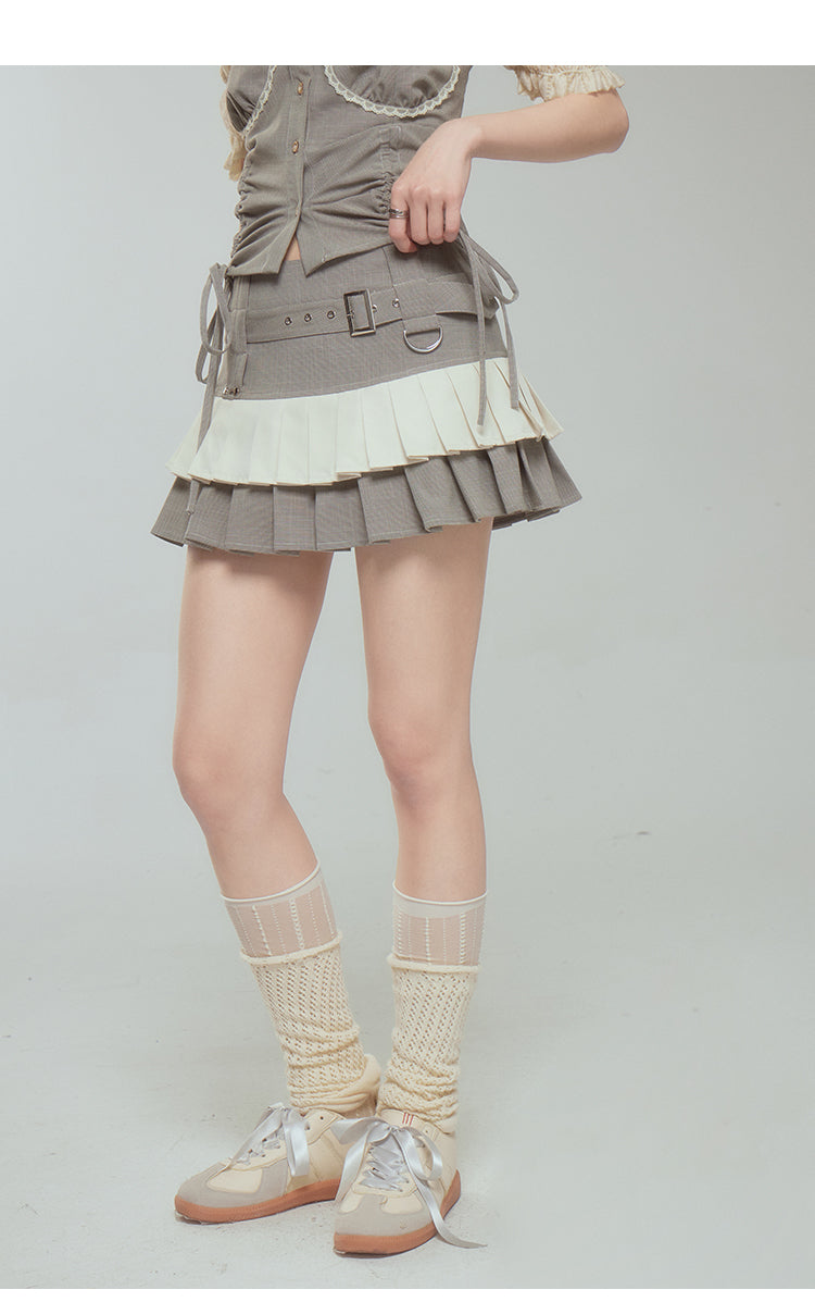 Off-Shoulder Suspender Top & Pleated Short Length Skirt Set-Up