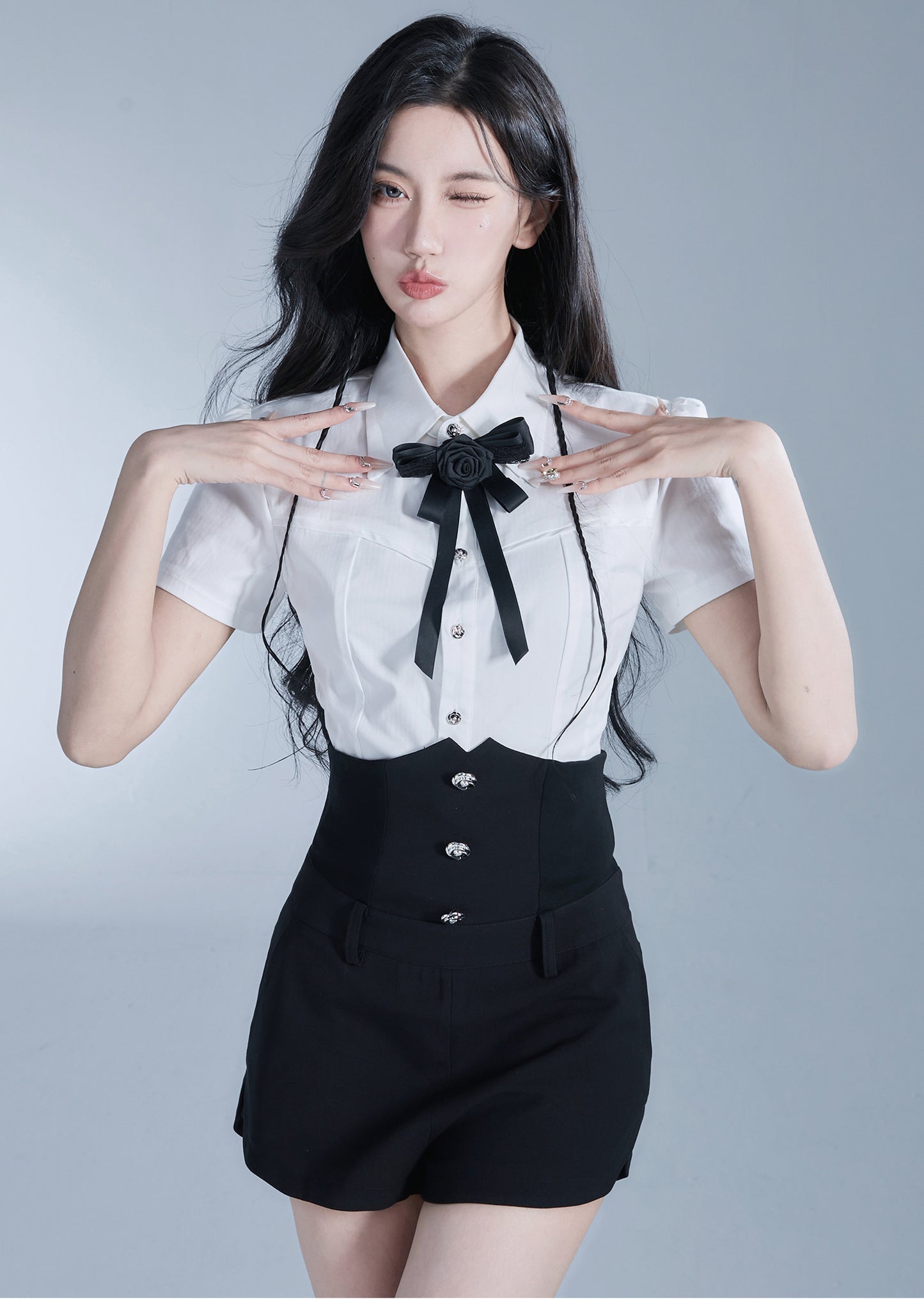 Rose Ribbon Slim Fit Shirt & High Waist Slim Fit Short Length Skirt Set Up