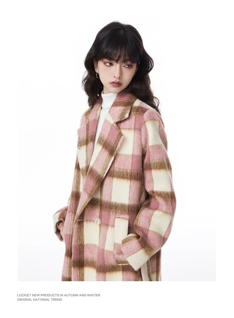 Checked wool mid-length coat