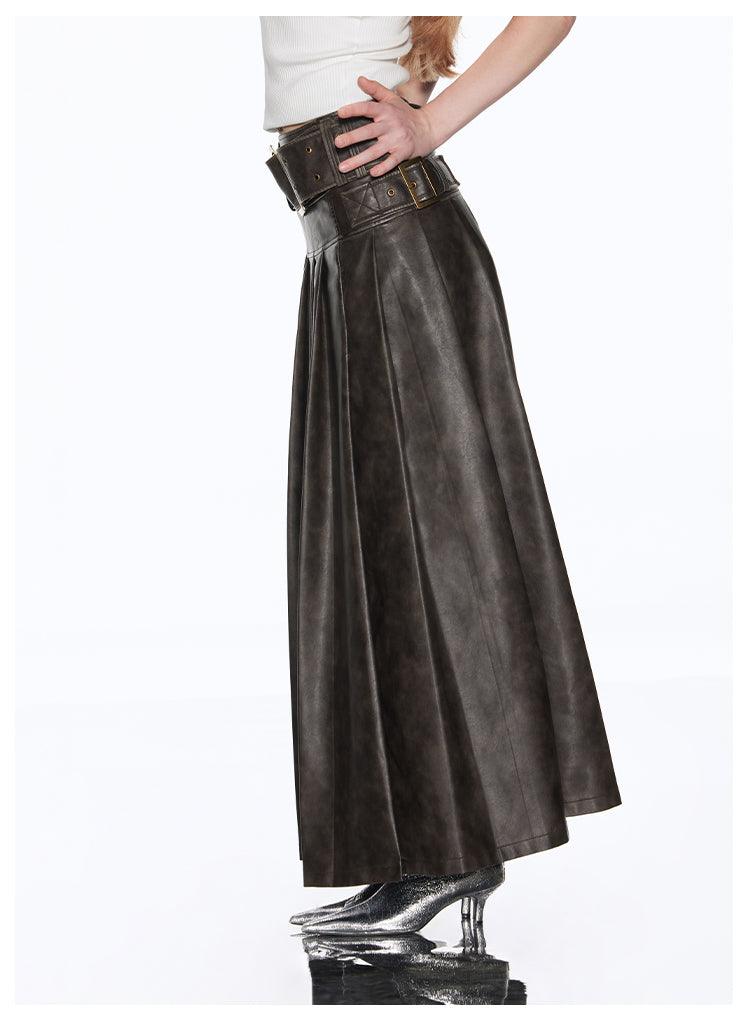 A-line Long Length Pleated Retro Leather Skirt